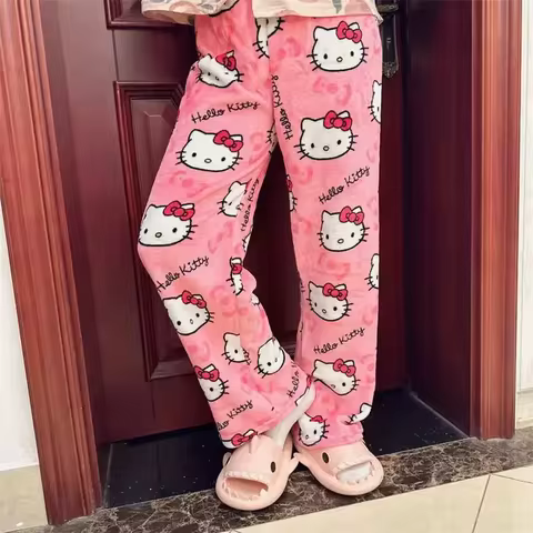 Thicken Hello Kitty Pajama Pants Sanrio Anime Fleece Double Elastic Fabric Soft Trousers Women Trousers Cartoon Birthday Gift 10 best sales lanyards hello kitty - №2