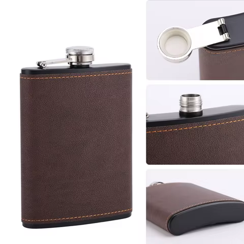 6/8oz Portable Hip Flask Brown Leather Covered Stainless Steel Flask for Alcohol Whiskey Flasks Man Gift 12 best sales alcohol pocket bottle - №5