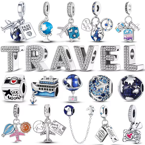 925 Sterling Silver Travel Passport Trunk Charms Fit Original Bracelet Diy Airplane Earth Beads for Jewelry Making Gift 8 best sales travel charm - №8