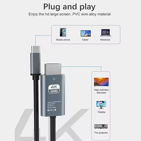 4K 30Hz NO Delay HD Video Conversion Cable Type c To Hdmi-Compatible Screen TV Computer 2 Meters Screen Projection Braided Cable 8 best sales type c to vga - №3