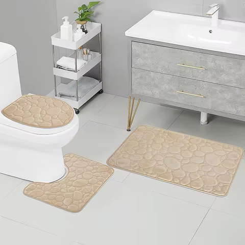 1 Set of Solid Color Simple Bathroom Water-absorbing and Non-slip Floor Mat Stone Pattern, Comfortable and Soft, Three-piece Set 8 best sales anti slip shower mat - №7