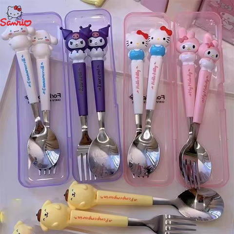 Sanrio Children Tableware Hello Kitty Melody Kuromi Silicone Handle Tableware Two-piece Set Cinnamoroll Fork Spoon Kids Gifts 8 best sales hello kitty stationery set - №5