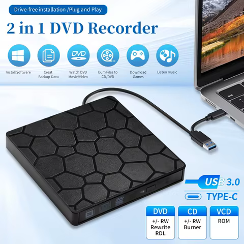 External DVD RW Drive USB 3.0 Type C 2 in 1 Interface Slim DVD CD Writer Burner Reader Player Optical Drive For Laptop PC 10 best sales usb dvd - №1