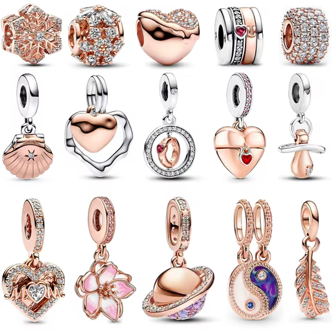 Sparkling Rose Gold Pavé Triple-row Beads Pink Gem Entwined Hearts Charm Fits Brand Bracelet For 925 Sterling Silver Necklace 8 best sales gem charms - №8