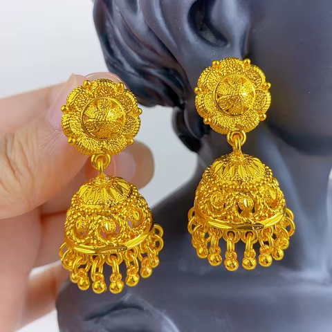 Indian Bell Earrings For Women Trend Ethnic Jhumka Turkish 24k Gold Plated Big Hanging Tassel Earring Banquet Jewelry Gift 12 best sales turkish earrings - №5