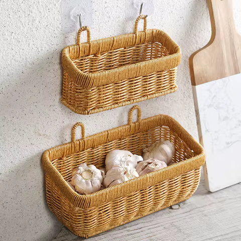 Wall mounted Ginger and Garlic Storage Basket Plastic Woven Plant Hanging Basket Kitchen Storage Basket Rattan Basket 8 best sales wall mounted basket - №4