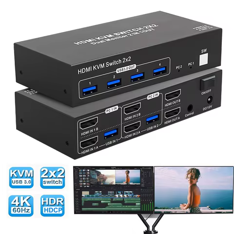 2X2 KVM Switch Dual Monitor 4k 60Hz HDMI 2.0 KVM Switch Extended Display HDMI DisplayPort USB 3.0 KVM Switch 2 in 2 out for PC 8 best sales kvm extender - №2