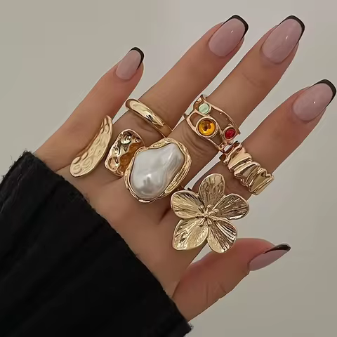 2025 New 6PCS Punk-Style Alloy Electroplated Irregular Exaggerated Flower Ring For Women Elegant Baroque Limited Pearl Ring Jewe 8 best sales gold filled rings - №8