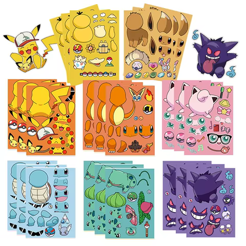 32Sheets Children DIY Puzzle Sticker Pokemon Face Funny Anime Pikachu Assemble Stickers Kids Toys Boys Girls Gifts 8 best sales pokemon wall stickers - №4
