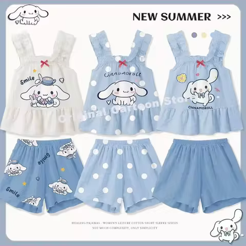 Cute Homewear Girls Vest Sling Shorts Pajamas Suit Summer Hello Kitty Loungewear Camisole Pajama Set 2pcs/set Sanrio Cinnamoroll 12 best sales sanrio pjs - №11