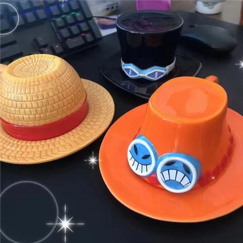 Anime Coffee Mug with Saucer Creative Luffy Ace Sabo Three Brothers Hat Shaped Ceramic Coffee Cup Child's Birthday Gift Cup 8 best sales kids mugs - №1