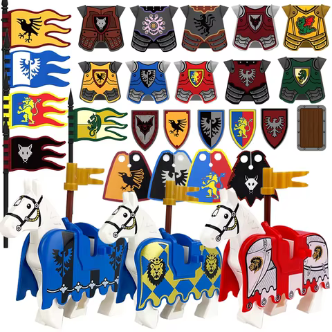 MOC Medieval Red Lion Black Eagle Castle Soldier Knight Horse Mount Building Block Military Figure Vest Armor Flag Toy Gift B036 12 best sales blocks castle - №10