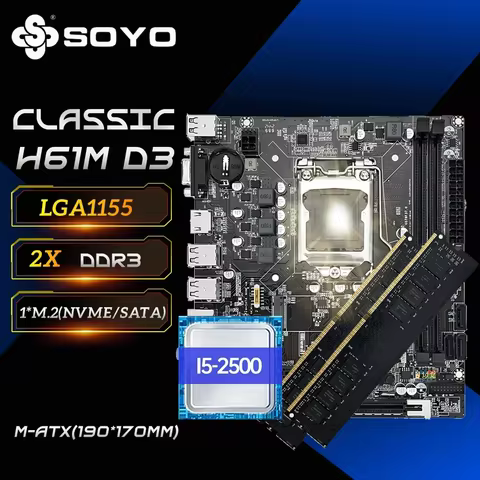 SOYO H61 Gaming Motherboard Kit with Intel LGA1155 CPU i5 2500 DDR3 (8GB*2) 16G Memory M.2 SATA Desktop Computer components 8 best sales i5 lga 1155 - №4