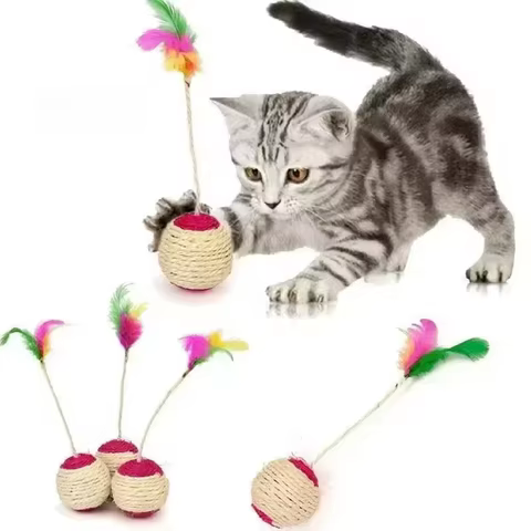 1PC Pet Cat Toy Colorful Feather Blanket Ball Grinding Claw Interactive Play Ball Cat Toy Sisal Shuttlecock Ball 10 best sales jump cat - №9