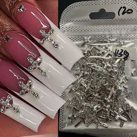 10Pcs Full Glitter Punk Cross Nail Charms 7*11.5cm Silver/Gold Metal Cross Nail Art Decoration 3D Luxury Classic Cross Manicure 10 best sales nail cross charms - №7