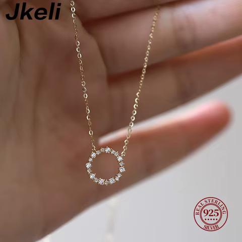 Jkeli -100% S925 Sterling Silver Plated 18K Gold Necklace with Full Diamond Circle Style Japanese and Korean K Gold Collar Chain 8 best sales diamond gold necklace - №3
