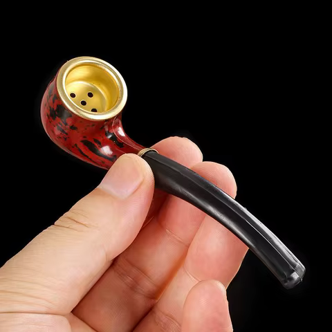 New Imitation Wood Pipe Men's Classic Resin Pipe Old-Fashioned Dry Pipe Portable Copper Pot Bent Cigarette Pipe 10 best sales wood pipe - №9