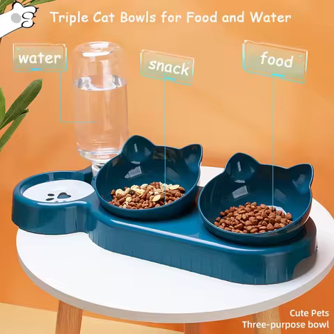 Triple Cat Bowls Pet Feeder, 2-in-1 Double Bowls with Automatic Drinking Bottle, Tilted and Rotatable Design for Cats and Dogs 12 best sales cat water bowl - №5