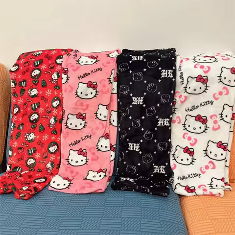 Thicken Hello Kitty Pajama Pants Sanrio Anime Fleece Double Elastic Fabric Soft Trousers Women Trousers Cartoon Birthday Gift 10 best sales lanyards hello kitty - №2