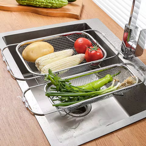 Sink Strainer Drainer Basket 304 Stainless Steel Expandable Sink Colander Strainer Basket for Vegetables Fruits Pasta Dishes 8 best sales pasta strainer - №5