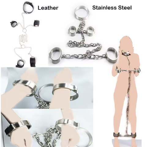Heavy Stainless Steel Full Body Cuffs Shackles Neck Collar Handcuffs Ankle Cuffs with Chain Restraint Slave SM Sex Toys 12 best sales slave chains and shackles - №6