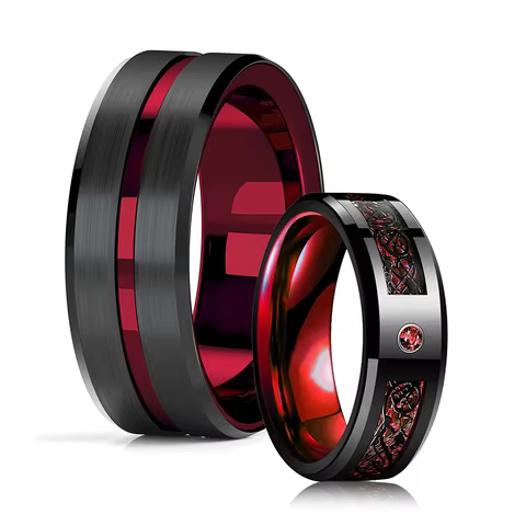 Fashion 8mm Red Groove Beveled Edge Stainless Steel Celtic Dragon Rings for Men Zircon Inlay Carbon Fibre Ring Men Wedding Band 8 best sales dragon jewelry - №6