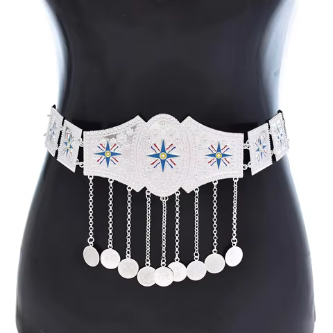 Silvery Assyrian Belt Hair Accessories Earrings for Women Kurdish Assyria Ethnic Colorful Flag Leaf Coins Tassel Jewelry Sets 8 best sales assyrian flag - №3