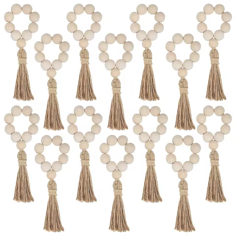 1/12PCS Wood Bead Napkin Rings Garland With Tassels Farmhouse Beads Rustic Country Table Napkin Holder Weddings Home Boho Decor 10 best sales wedding napkin ring - №3