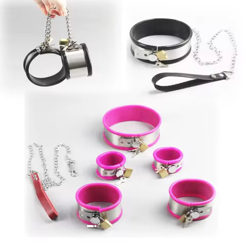 3pcs Set Stainless Steel Silicone Hand Ankle Cuffs Erotic Neck Collar Choker with Chain Slave Restraints BDSM Sex Toys 12 best sales slave chains and shackles - №10