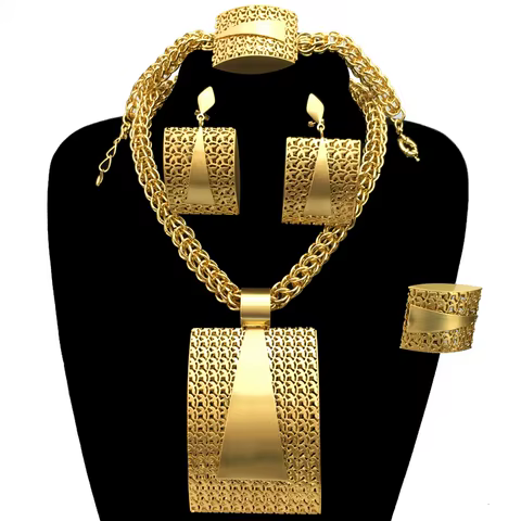 2023 Newest High Quality African Big Pendant Set Dubai Italian Brazilian Gold Plated Jewelry Set FHK12864 10 best sales brazilian gold jewelry set - №9