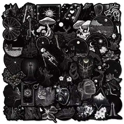 50Pcs Black And White Gothic Stickers Gothic Skull DIY Stickers Scrapbooking Phone Luggage Skateboard Waterproof Decals 8 best sales punk stickers - №3