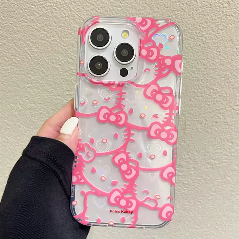 Hello Kitty Bow Full Screen Phone Case For iPhone 16 15 14 13 12 11 Pro Max XR XS MAX 7 8 Plus Y2K Pink Girl Laser Shining Cover 10 best sales pink mobile phone - №6