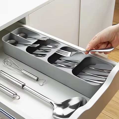 Multi-purpose Cutlery Storage Tray Cutlery Fork Spoon Compartmentalized Organizer Kitchen Drawer Categorized Storage Boxes 8 best sales cute tray - №4