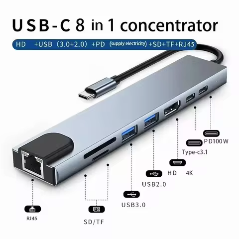 Usb 8 In 1 Type C 3 1 To 4k HdTV Hub Adapter With Sd Tf Rj45 Card Reader Pd Fast Charge For Macbook Notebook Computer 6 best sales usb to lan - №4