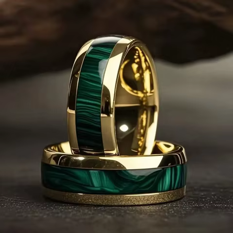 Fashion 8MM Gold Color Stainless Steel Rings For Men Domed Green Abalone Shell Inlay Rings Wedding Engagement Jewelry Gift 12 best sales abalone shell ring - №2