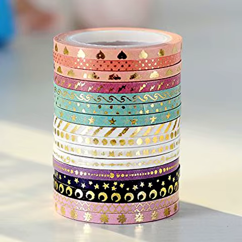 16 Rolls Gold Foil Skinny Scrapbooking Washi tape Set ,Stationery Slim Decorative Adhesive Tape, Journal Supplies Masking Tapes 8 best sales washi tape gold - №5