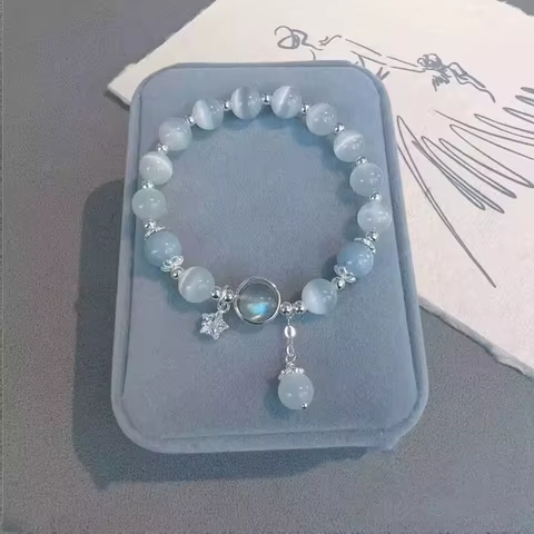 Unique Dreamy Blue Moonstone Cat Eye Pendant Crystal Bead Bracelet Party Jewelry Gift For Women 10 best sales blue bracelet for women - №9