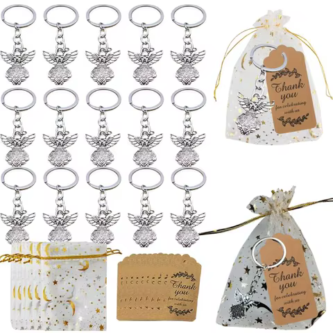 36pcs/set Baptism Favors Angel Keychains Pendant Baptism Party Boxes White Moon Star Organza Bags with Drawstring Thank You Tags 10 best sales thank you gifts - №8