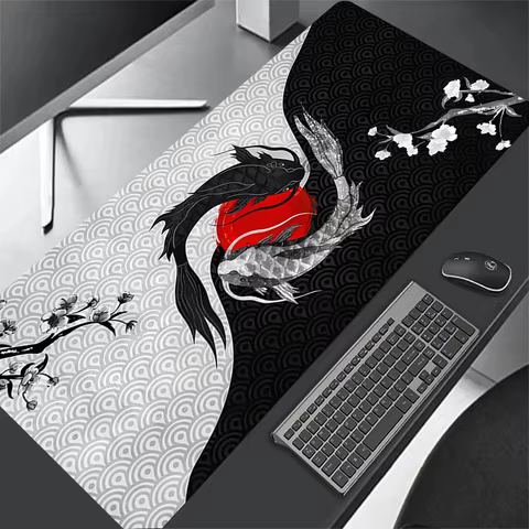 Japanese Desk Mat Black & White Mouse Pad Koi Fish Japan Art Seal Yin-yang fish Large XXL Gaming Deskmat Rubber Mousepad 80x30 10 best sales mousepad 80x30 - №8