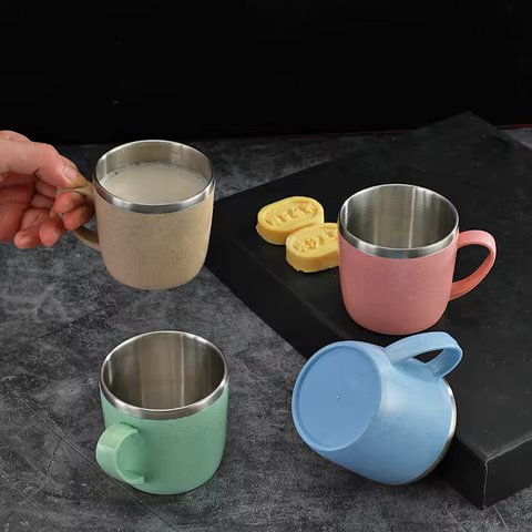 Simple Solid Color Stainless Steel Mug Wheat Straw Element Small Water Cup Children's Household Anti-scalding Drinking Water Cup 8 best sales stainless steel espresso cup - №8