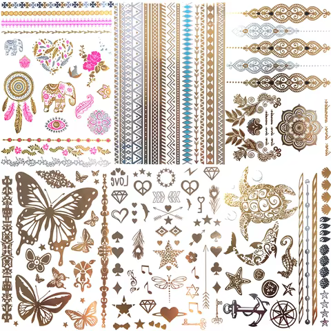 Fashion Sexy Gold Metallic Feather Temporary Tattoo Stickers Leaves Girl Wrist Flash Fake Tattoo Women Leg Bracelet Tatoo Summer 10 best sales custom tattoo - №6