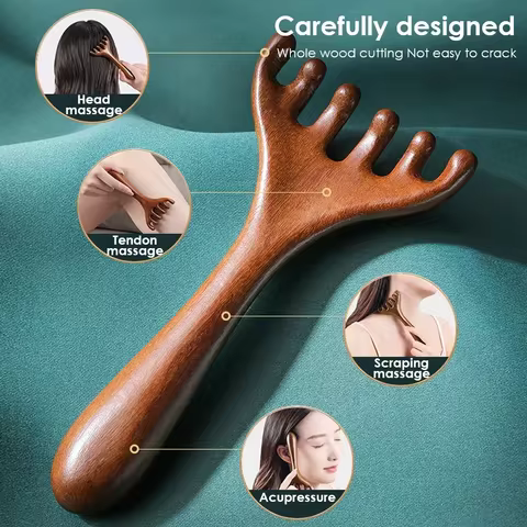 Natural Golden Sandalwood Five-Claw Scalp Massager Gua Sha Tool Back Scratcher Spa Handheld Meridian Massage Comb Hair Care 10 best sales gusha facial - №5