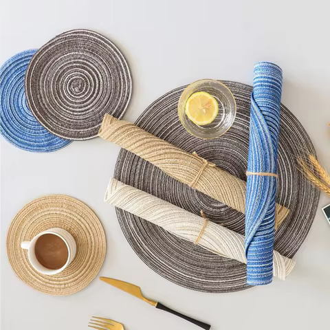 4/2pcs Round Table Mat Woven Ramie Placemats Washable Anti Slip Dining Table Mats Tableware Bowl Pads Kitchen Drink Cup Coasters 10 best sales round table mat 90cm - №4