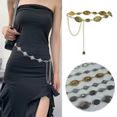 Fashion Metal Women's Waist Chain Adjustable Durable Retro Waist Chain Gold/Silver Carved Chain Belt 10 best sales belt silver - №4