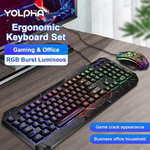 Crack Rainbow Glow Gaming Keyboard& Mouse Set with Backlight Luminous Gaming Peripheral Ergonomic Mechanical Feel Keyboard Mouse 6 best sales gamer set up - №3