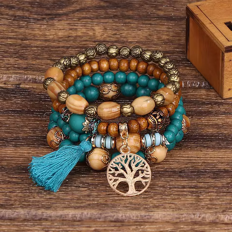 4Pcs Bohemia Tree Of Life Charm Beaded Bracelet Set For Women Handmade Wood Beads Chain Bangle Female Boho Jewelry 8 best sales earthy jewelry - №2