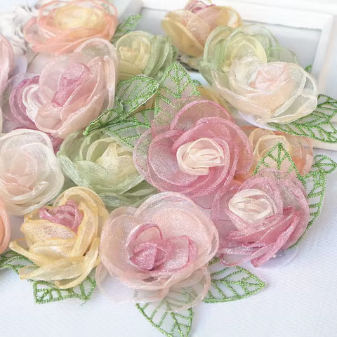 10Pcs 5.5CM Organza Chiffon Fabric Artificial Flower With Leaves Wedding Dress Decoration Home Accessories DIY Fake Flowers 8 best sales organza flower - №7