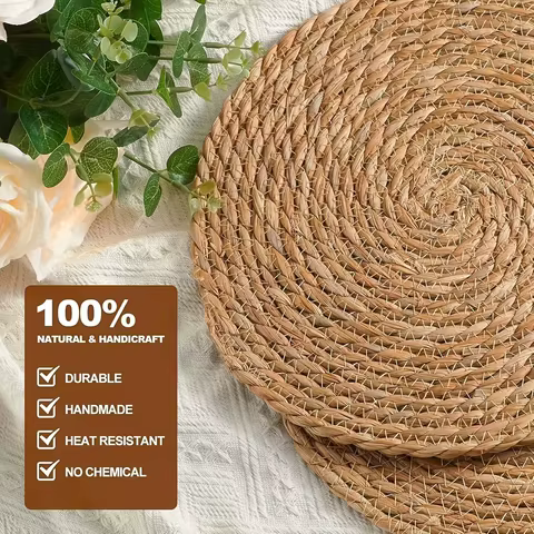 6-piece hand-woven rattan placemats - round woven table mats, suitable for dining rooms and living rooms, heat-resistant 10 best sales round table mat 90cm - №10