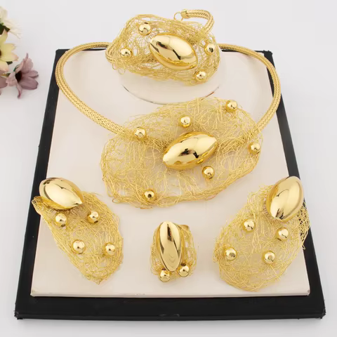 Unique Gold Color Jewelry Set Fashion Necklace Earrings Copper Cuff Bracelet Ring Brazilian 4PCS Jewelry Women Wedding Gift 10 best sales brazilian gold jewelry set - №2