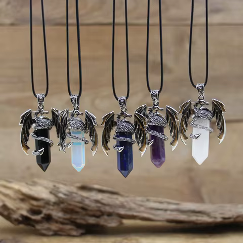 Quartz Dragon Man Necklace Gem Stone Healing Crystal Hexagonal Pendant Lapis Amethysts Animal Vintage Jewelry for Women QC3315 8 best sales dragon blood stone - №8